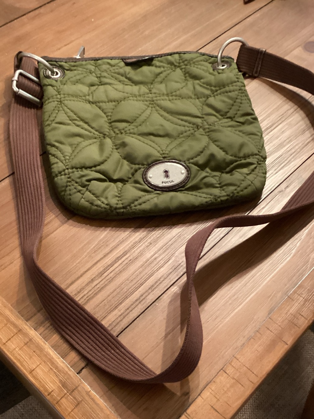 Fossil Olive Green Quilted Crossbody with Brown Strap